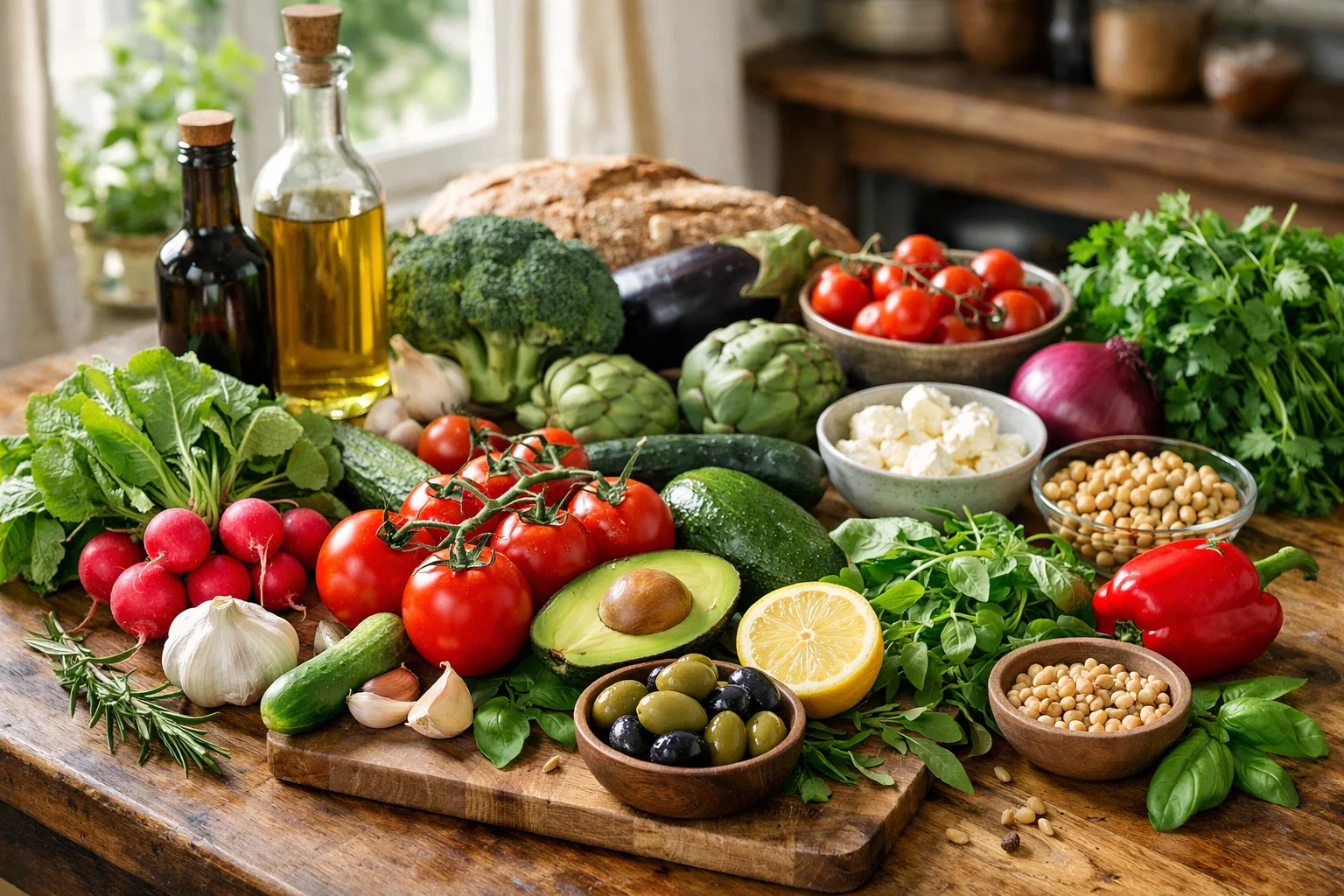 fresh vegetables and herbs on kitchen counter, wholesome cooking ingredients, natural daylight photography